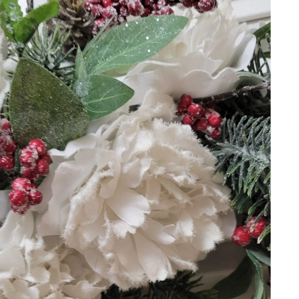 Natural farmhouse outdoorsy holiday winter White Peony Pinecone Berry 24 Inch
